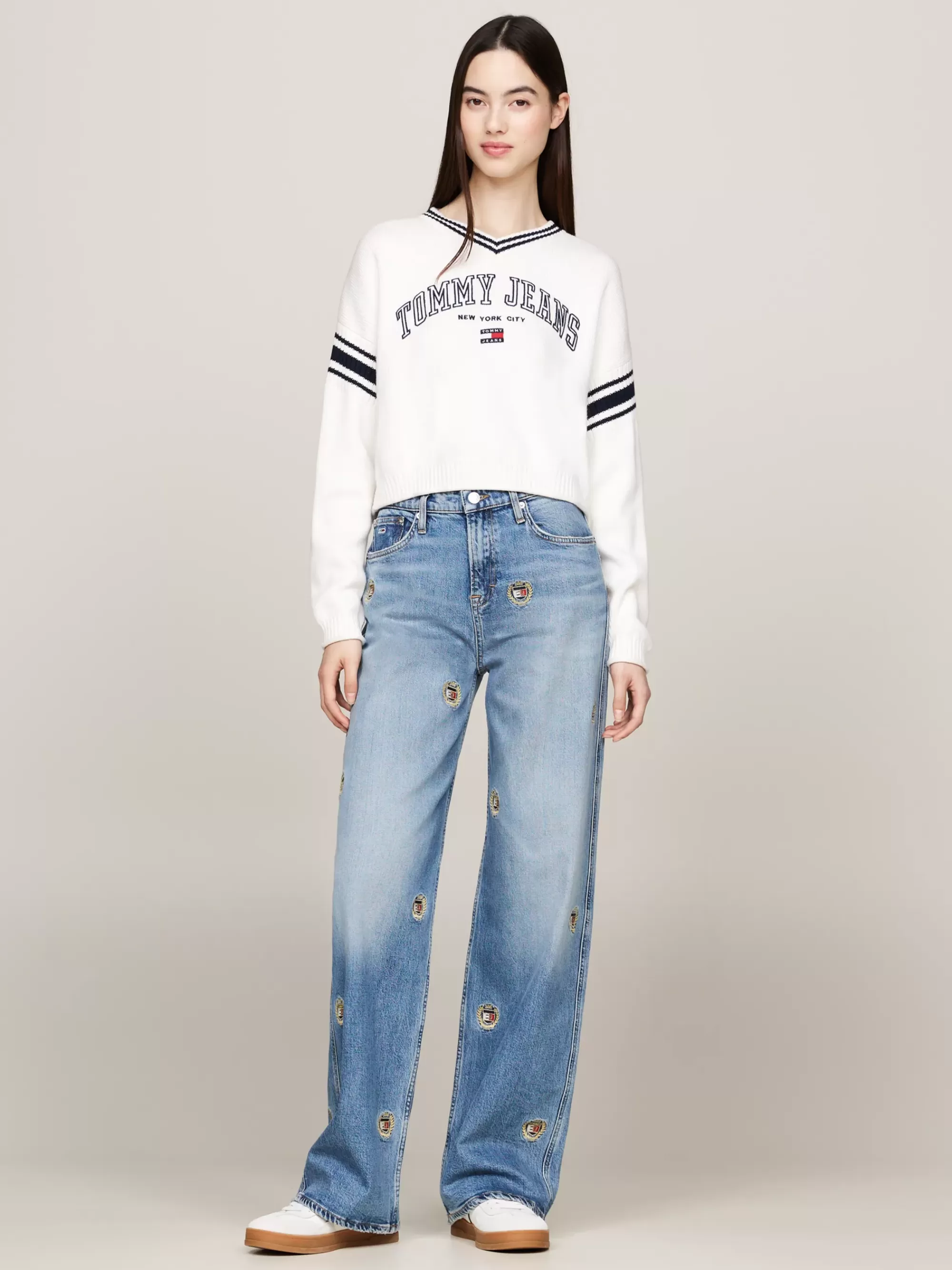 Truien & Vesten | Truien*Tommy Hilfiger Varsity Cropped Trui Met V-hals ANCIENT WHITE