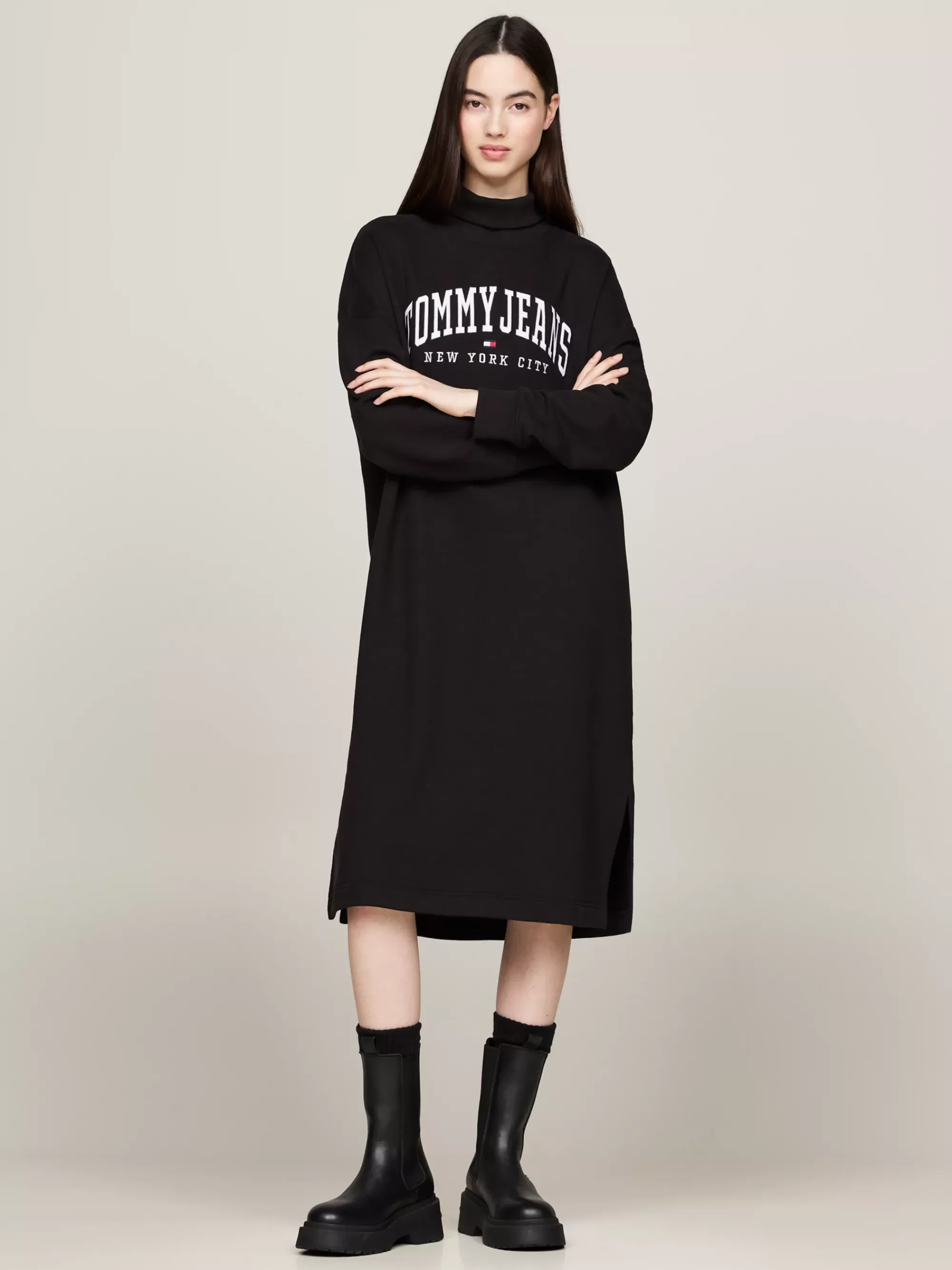 Jurken*Tommy Hilfiger Varsity Midi-overhemdjurk Met Opstaande Hals BLACK