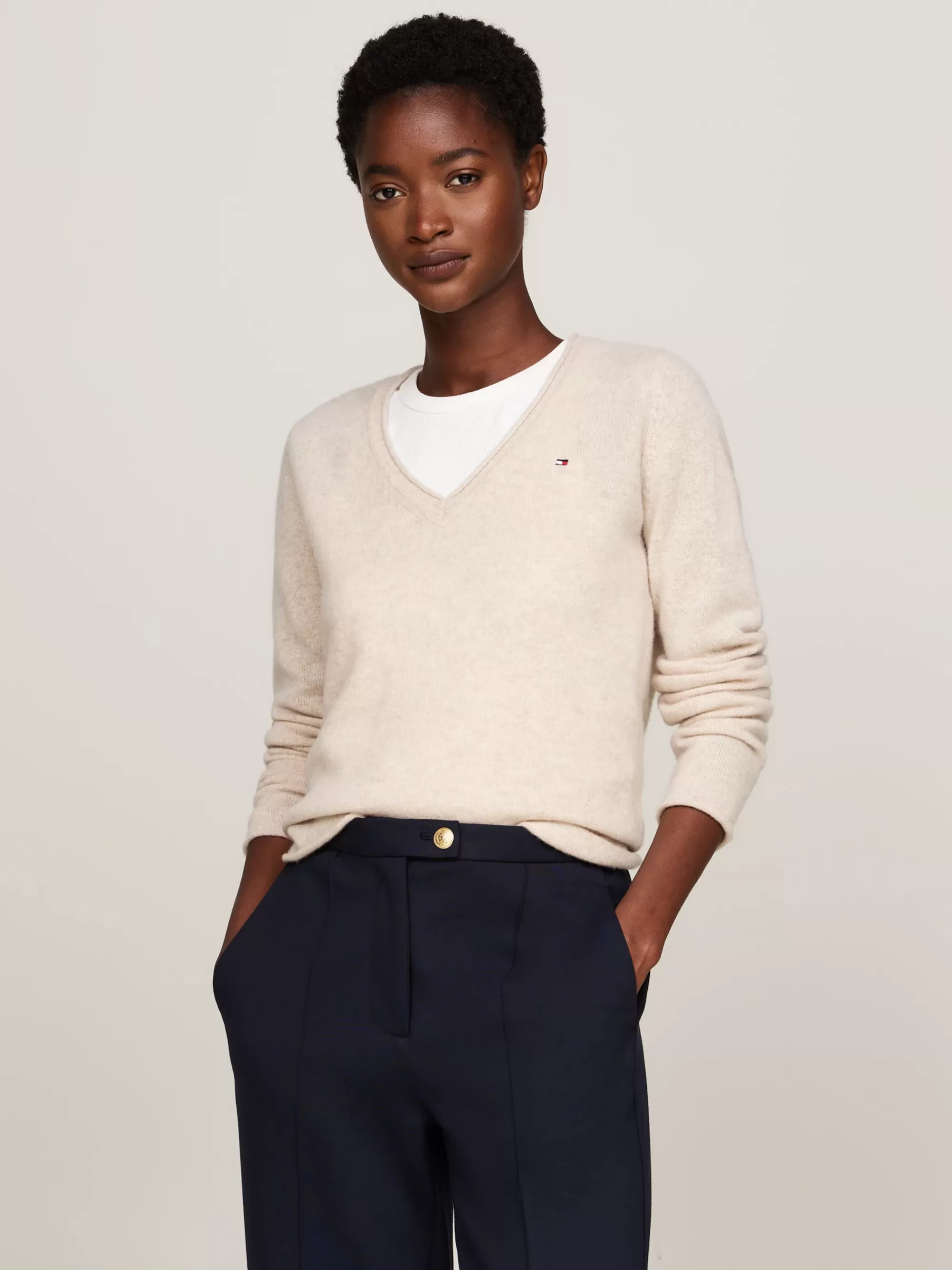 Truien Met Ronde Hals | Truien*Tommy Hilfiger Wollen Trui Met V-hals CLASSIC BEIGE HEATHER