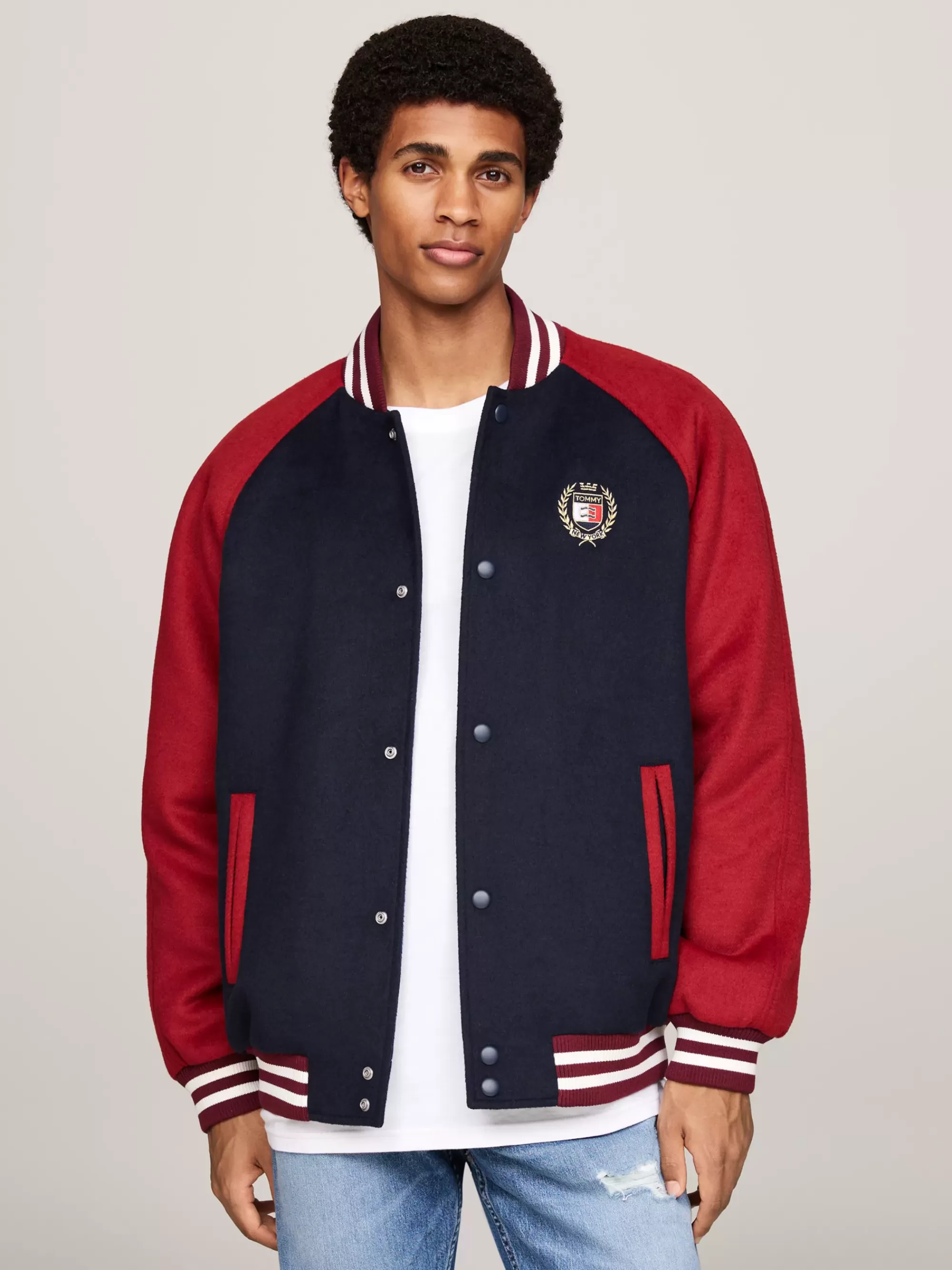 Bomberjacks*Tommy Hilfiger Wolmix Bomberjack Met Geborduurd Embleem DARK NIGHT NAVY / REGATTA RED