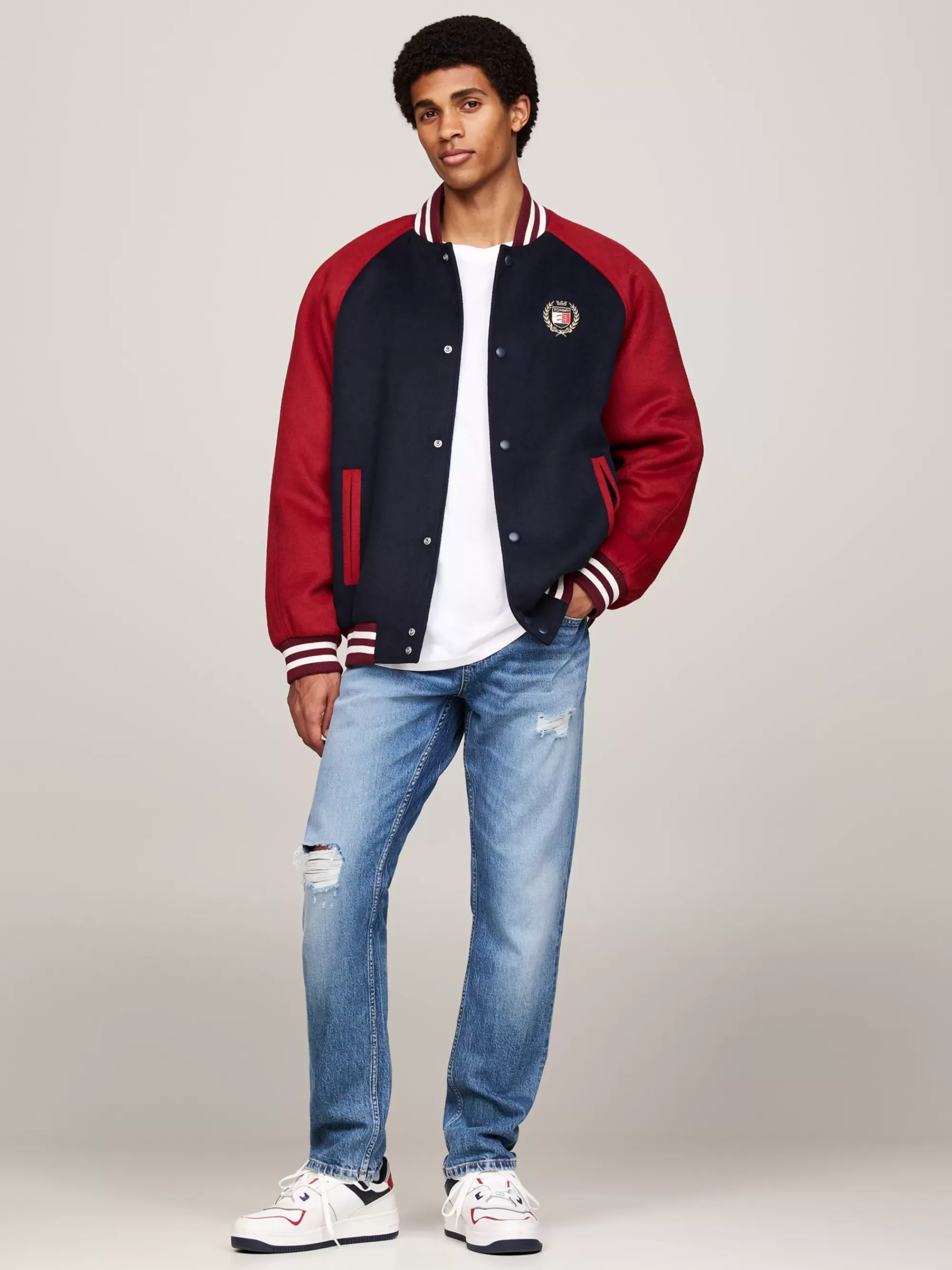 Bomberjacks*Tommy Hilfiger Wolmix Bomberjack Met Geborduurd Embleem DARK NIGHT NAVY / REGATTA RED